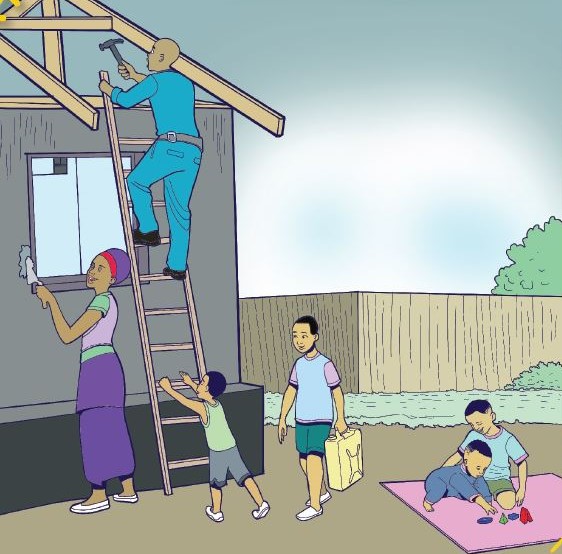 Image of a family building a house together